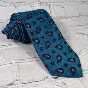 Graffeo Craveatte Deep Turquoise Paisley Print Silk Tie Made in Italy
